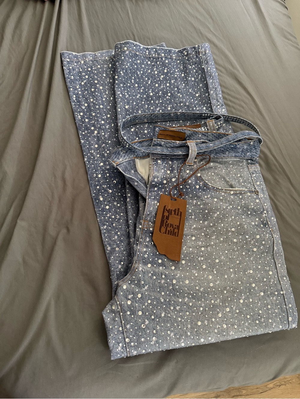Birth Of Royal Child Swarovski diamond pants/blue with matching belt.